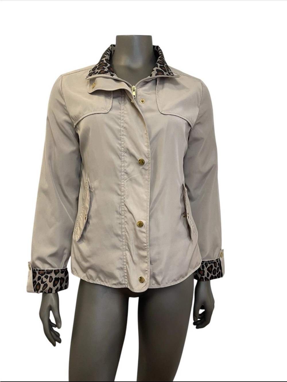 Cynthia Rowley Jacket Womens S Tan Leopard Print Full Zip Animal Spring Trench
